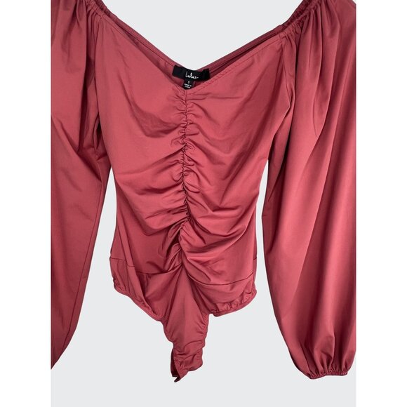 Lulus Certified Flirt Rusty Rose Ruched Long Sleeve Thong Bodysuit Size Small - Picture 10 of 13